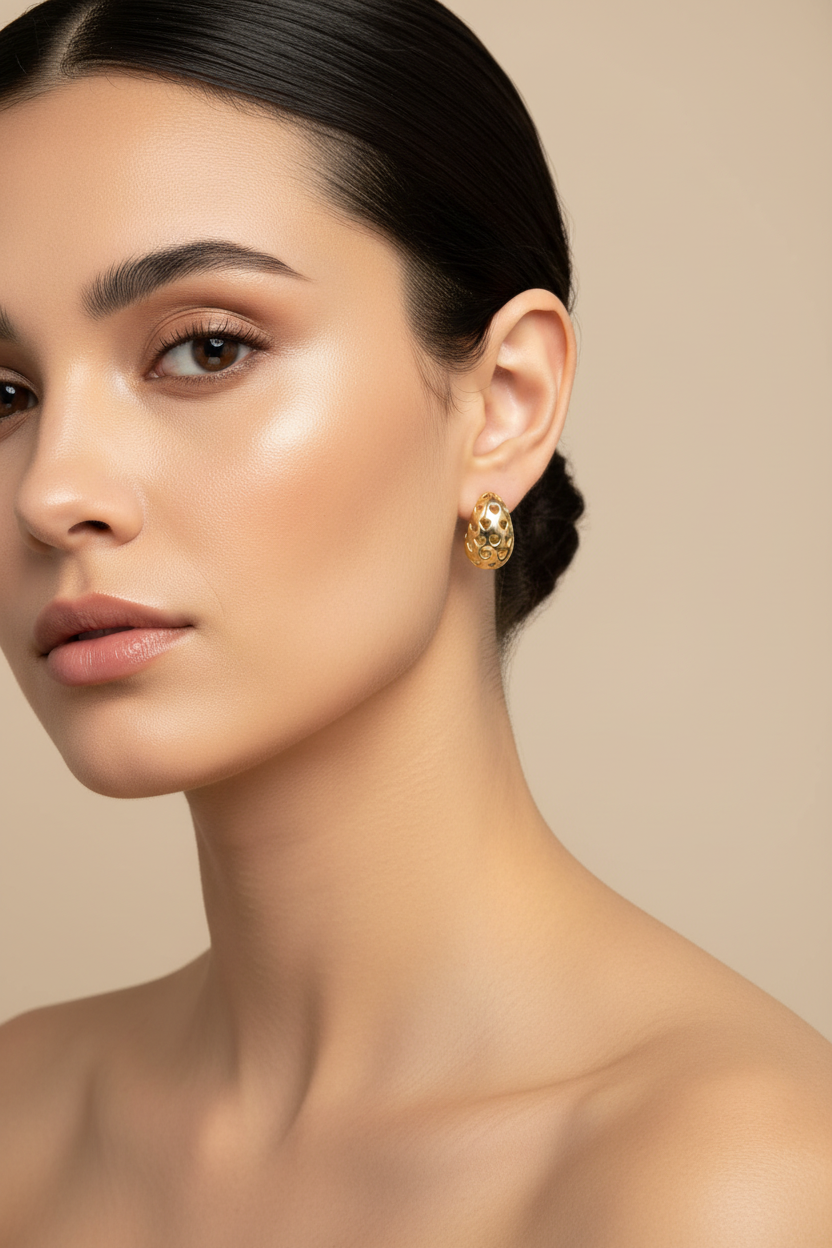 Woman wearing gold earrings against a beige background