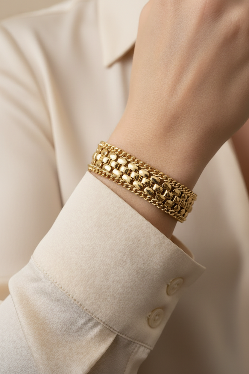 Gold bracelet on a wooden surface