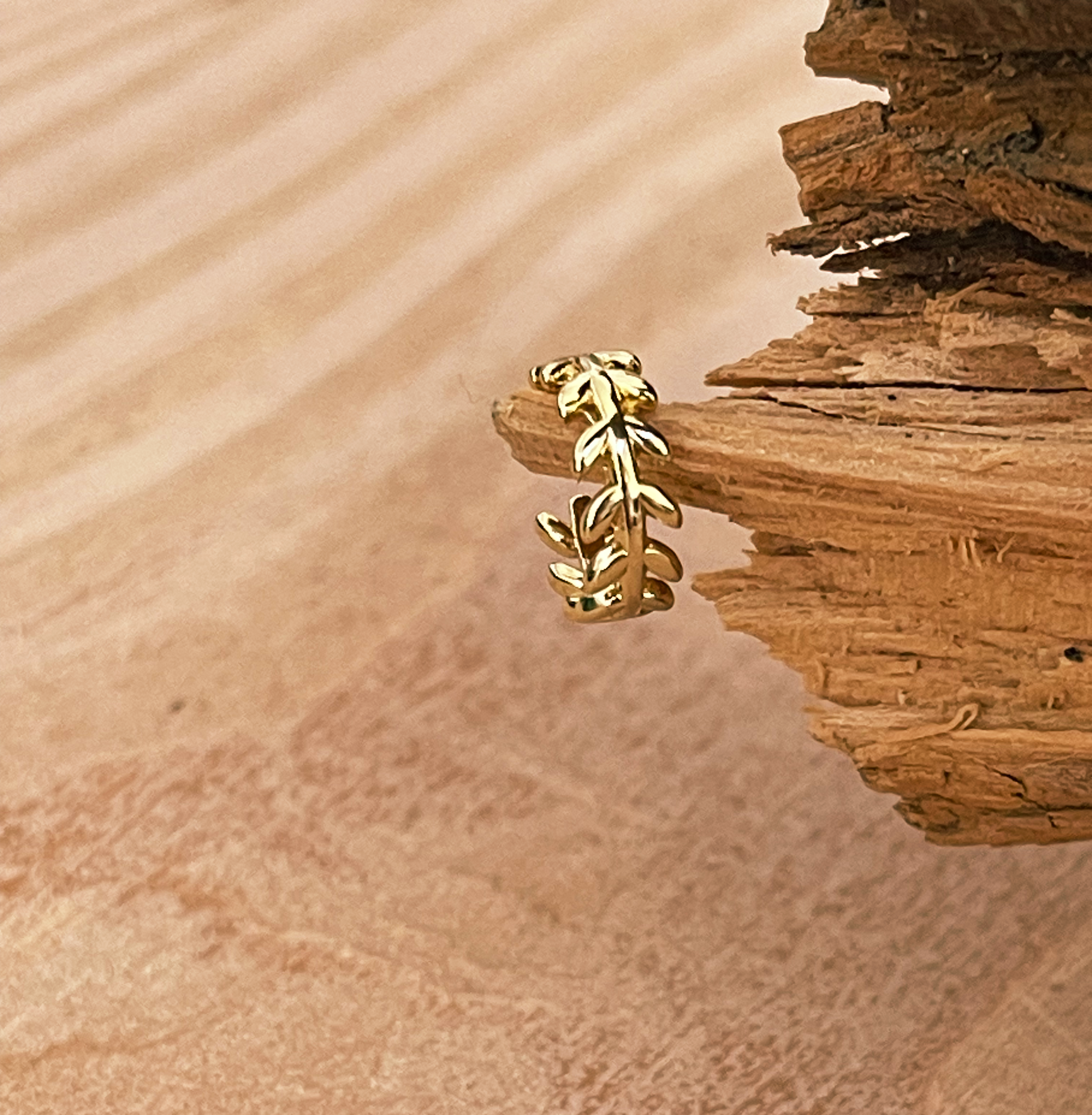 Gold hoop earring on a wooden surface