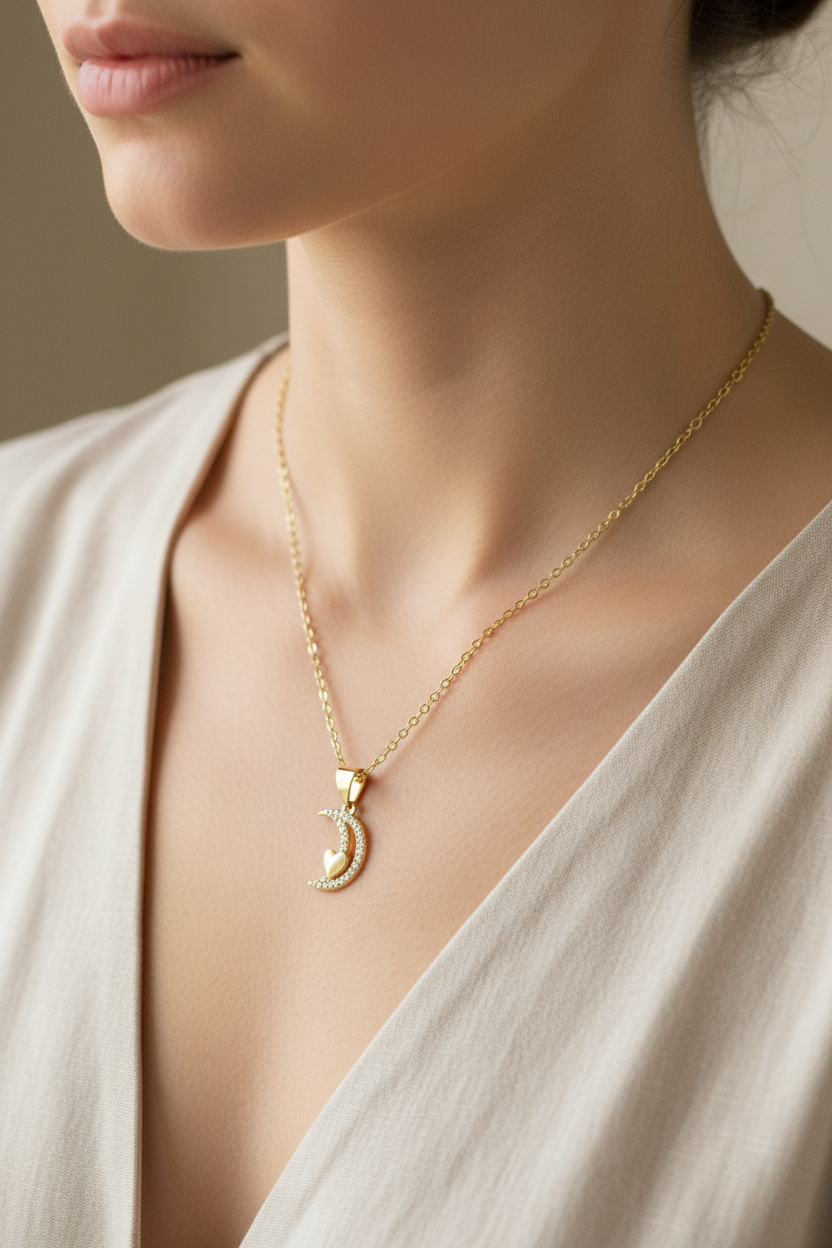 Gold necklace with a moon and heart pendant on a wooden surface