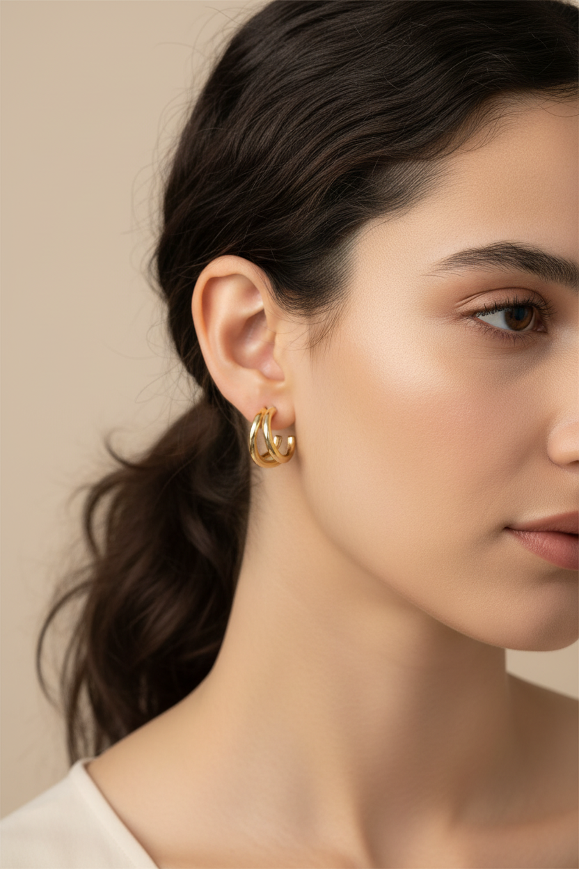 Close-up of a woman wearing gold hoop earrings against a beige background