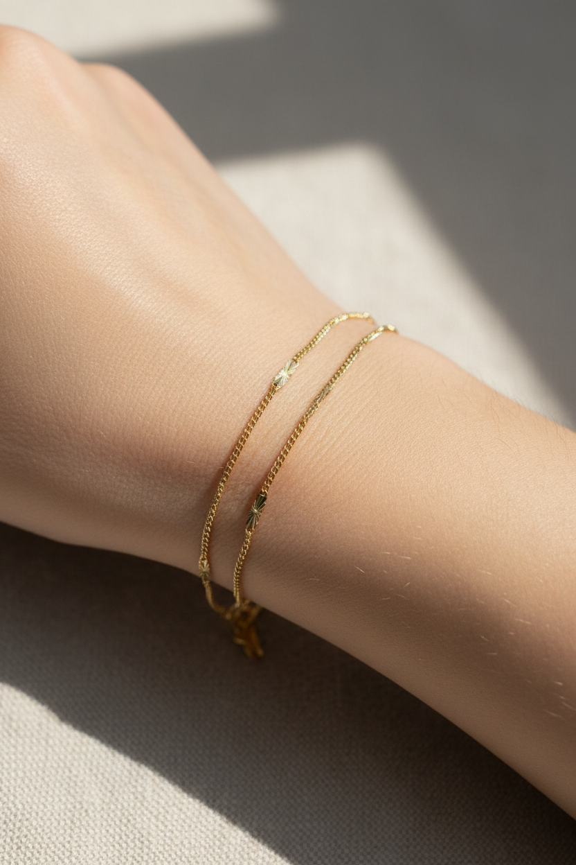 Gold bracelet on a person's wrist with a neutral background